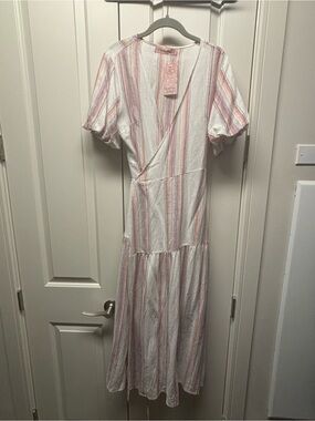 Traffic People Cream and Pink Striped Midi Wrap Dress